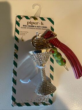 piper.k Red Tassel Martini Bag Charm with Green Olive Accent